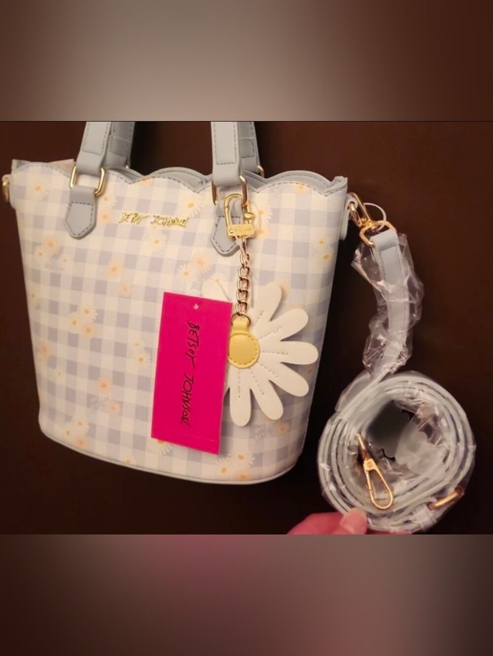 Betsey Johnson Plaid Daisy Flower Pattern Satchel Crossbody Bag Purse Charm - Picture 7 of 11